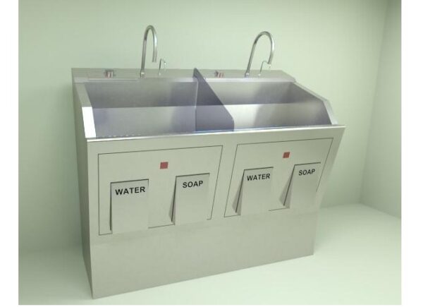 Blickman 9882SSP, Pedestal Mounted Double Bay Infrared Scrub Sink, Venture Medical Requip
