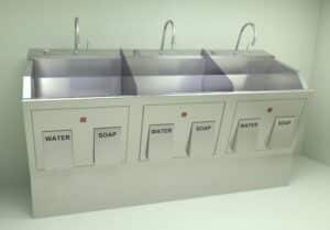 Blickman 9883SSP, Pedestal Triple Bay Infra Red Sink, Venture Medical Requip